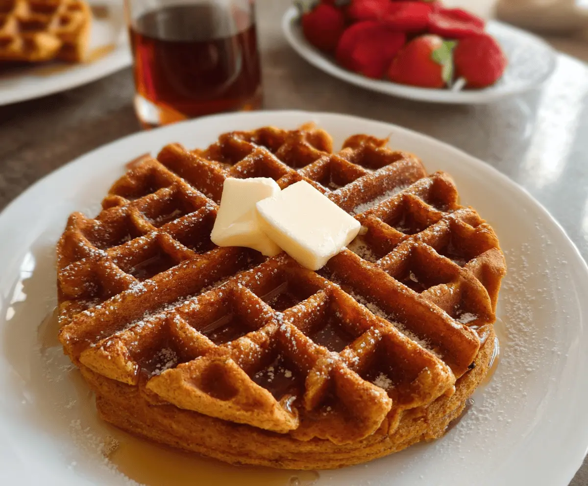 Delicious homemade sweet potato waffles topped with syrup and fresh berries, served on a plate for breakfast or brunch.