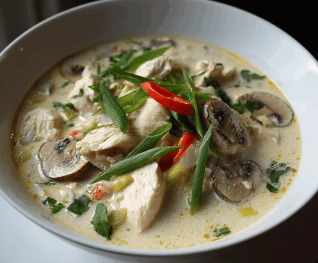 Delicious Thai Coconut Chicken Soup (Tom Kha Gai) with fresh herbs, lime, and chicken in a creamy coconut broth, served in a bowl.