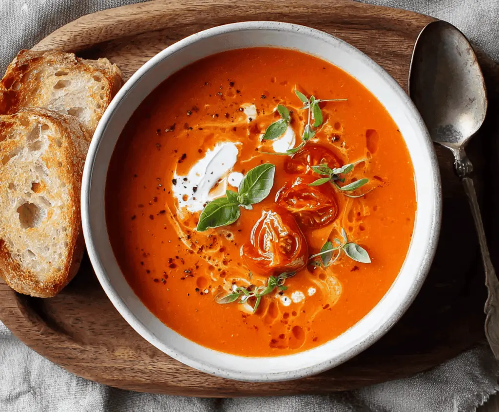 Creamy homemade tomato soup served in a bowl, garnished with fresh basil leaves, perfect for a cozy meal.