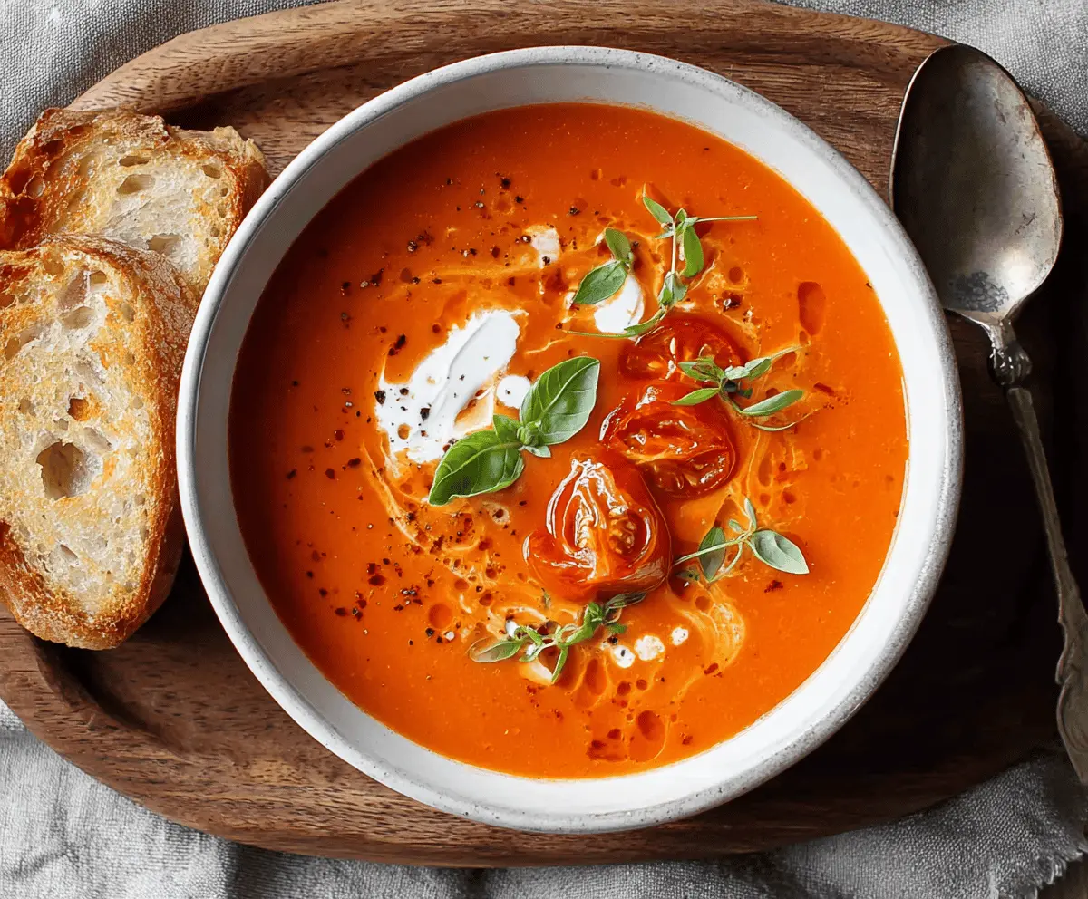 Creamy tomato soup in a bowl with basil