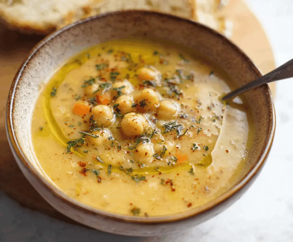 A bowl of hearty vegan garlic chickpea soup garnished with fresh herbs, featuring creamy chickpeas, garlic, and vegetables in a flavorful broth.