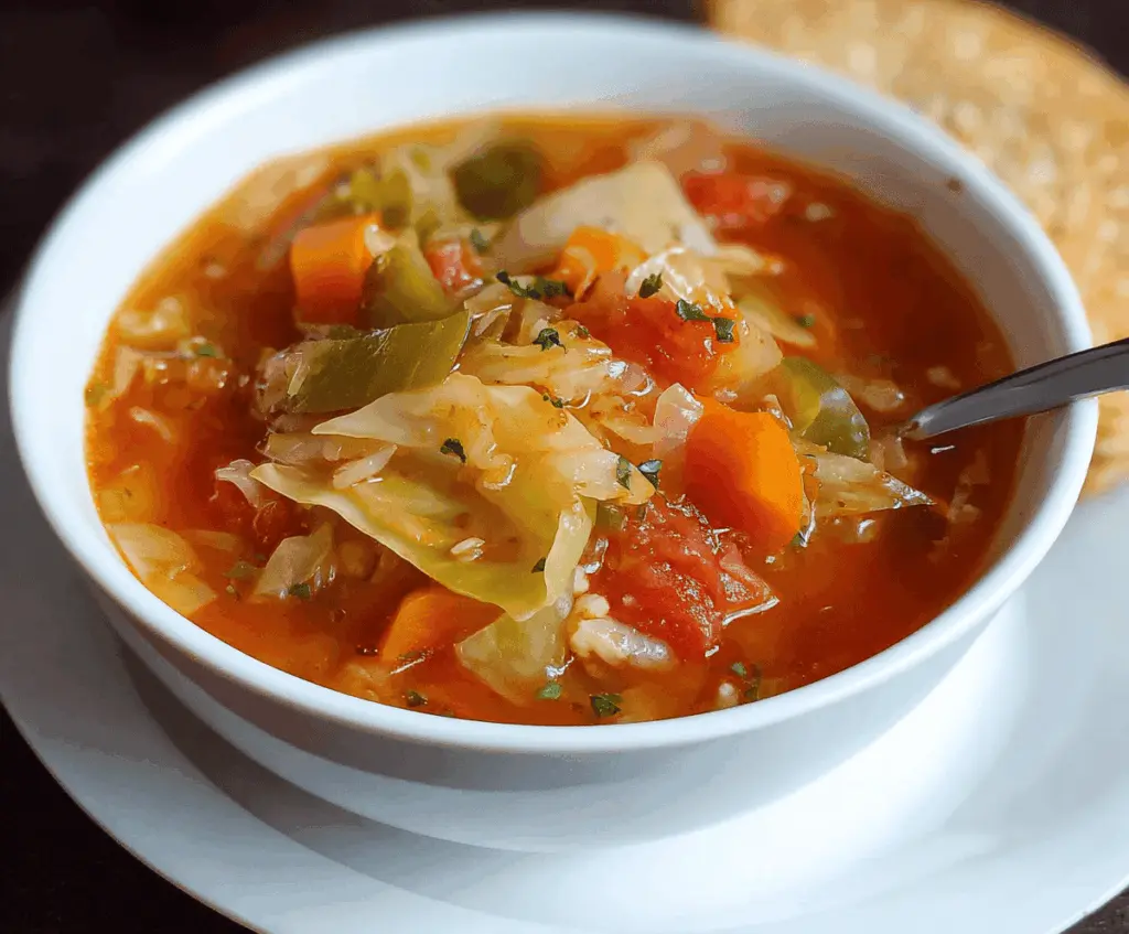Healthy Weight Watchers Cabbage Soup in a bowl with fresh vegetables, perfect for a low-calorie, nutritious meal