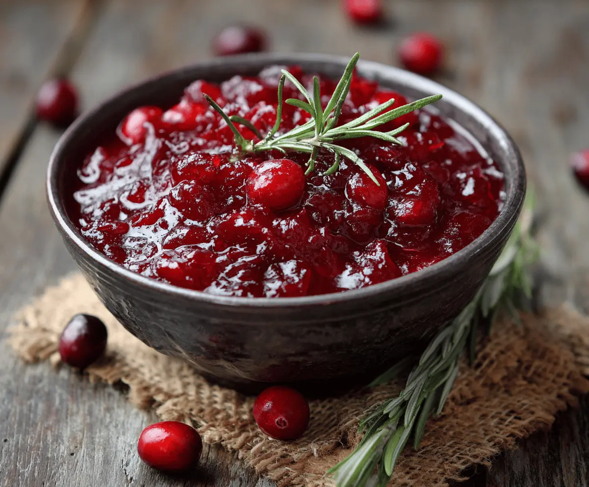 Close-up of homemade Alton Brown cranberry sauce served in a glass bowl with fresh cranberries and orange zest for holiday decoration.