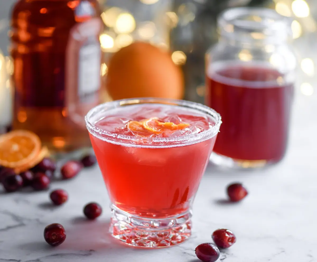 Glass of Amaretto Cranberry Kiss Cocktail garnished with cranberries and a slice of lime, festive holiday drink.