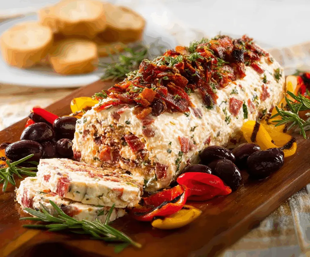 Delicious Antipasto Cheese Log served as an appetizer on a platter.