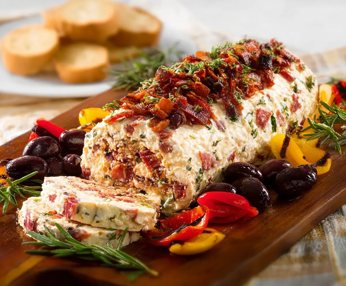 Delicious Antipasto Cheese Log served as an appetizer on a platter.