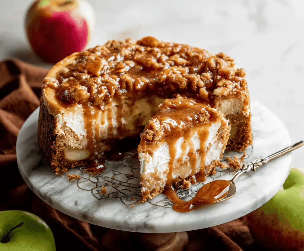 Delicious apple pie cheesecake with a golden crust and a topping of fresh apple slices.