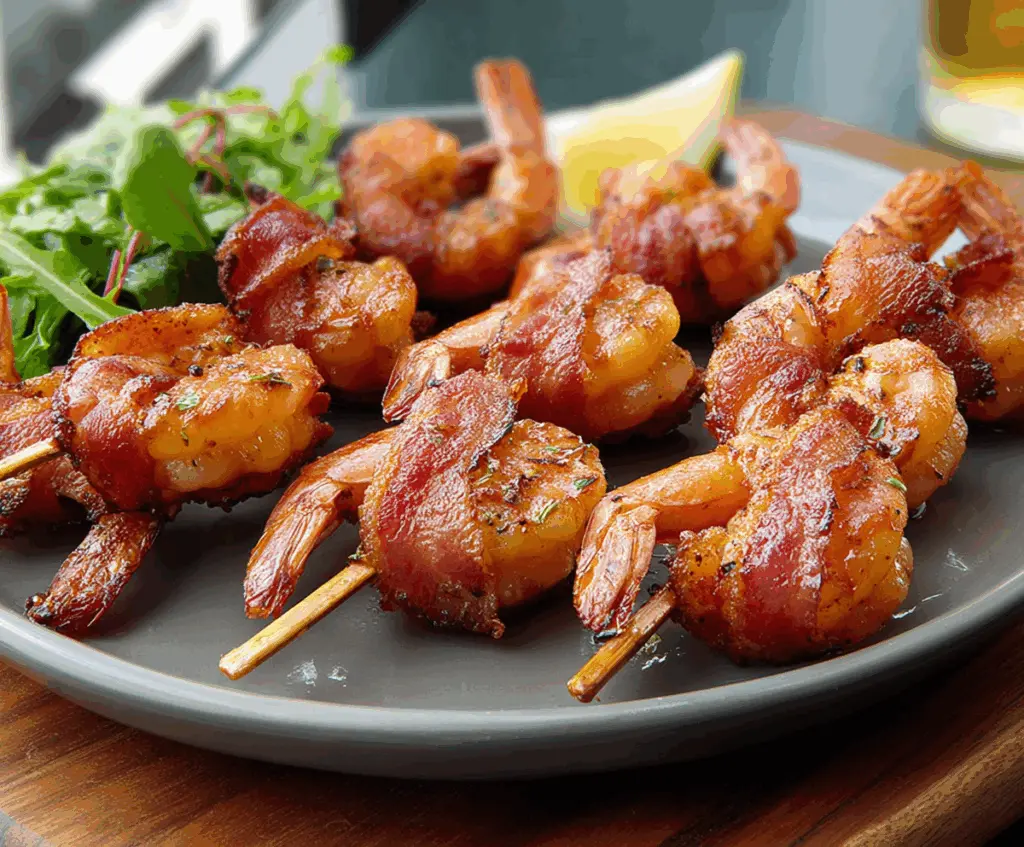Bacon-wrapped shrimp appetizer with crispy bacon and tender shrimp on a serving platter.
