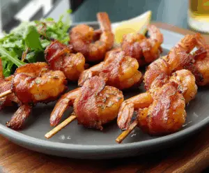 Bacon-wrapped shrimp appetizer with crispy bacon and tender shrimp on a serving platter.