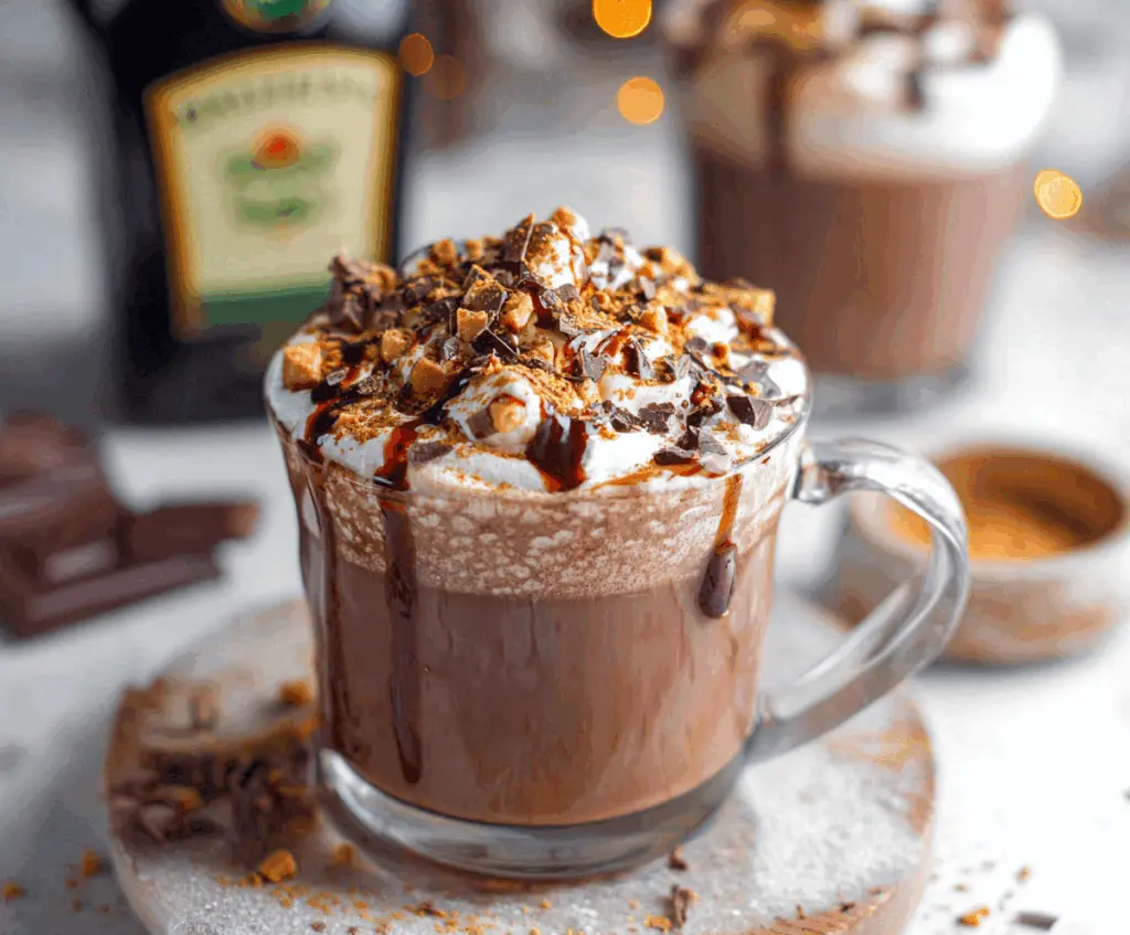 Delicious Baileys Hot Chocolate topped with whipped cream and chocolate shavings