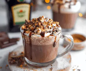 Delicious Baileys Hot Chocolate topped with whipped cream and chocolate shavings