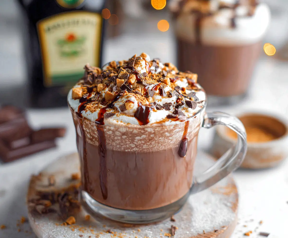 Delicious Baileys Hot Chocolate topped with whipped cream and chocolate shavings