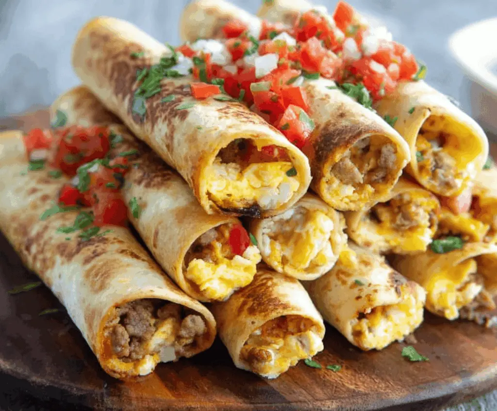 Delicious baked breakfast burrito taquitos filled with eggs, cheese, and savory breakfast ingredients.