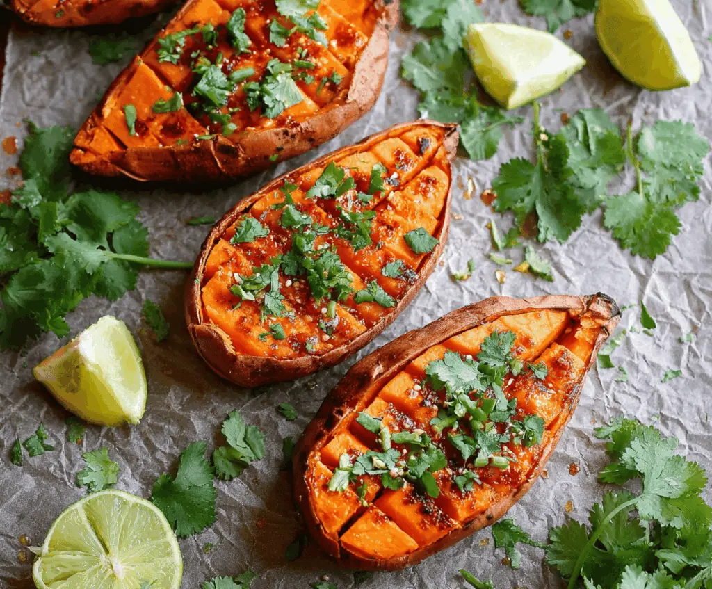 Delicious baked honey chili sweet potato with a crispy exterior and sweet, spicy flavor.