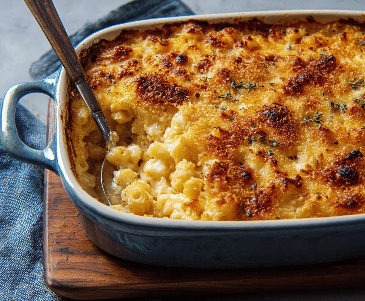Delicious baked mac and cheese served in a casserole dish, topped with golden breadcrumbs.