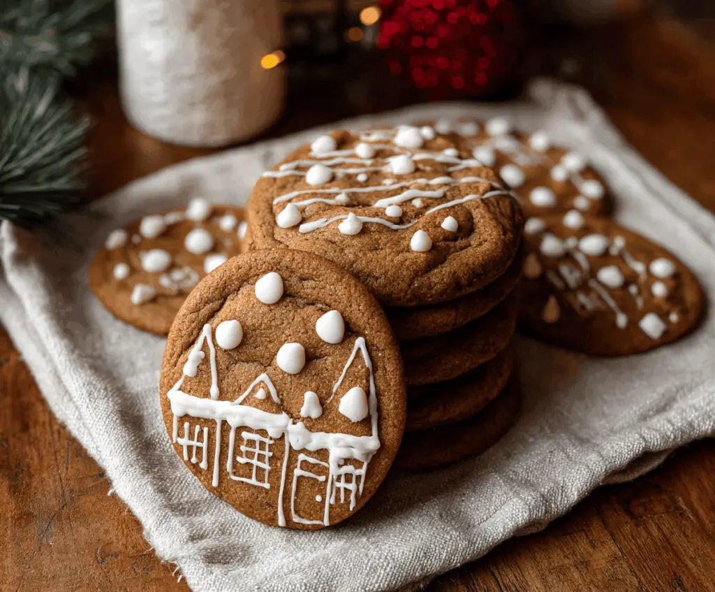 Close-up of freshly baked bakery-style gingerbread cookies with a crispy golden exterior and detailed gingerbread men shapes.