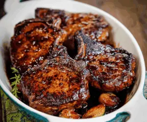 Juicy balsamic glazed pork chops served with fresh herbs on a rustic plate.