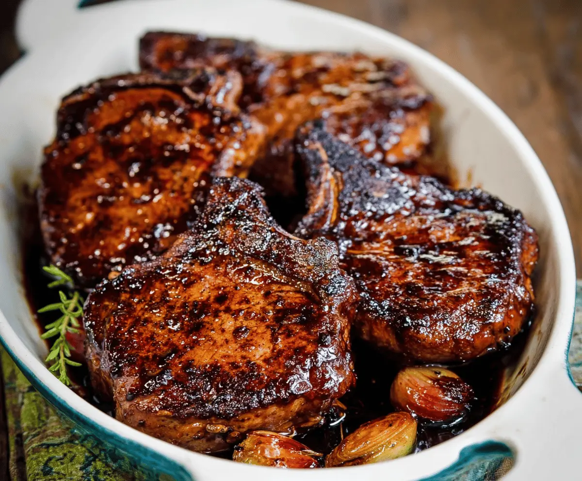 Juicy balsamic glazed pork chops served with fresh herbs on a rustic plate.