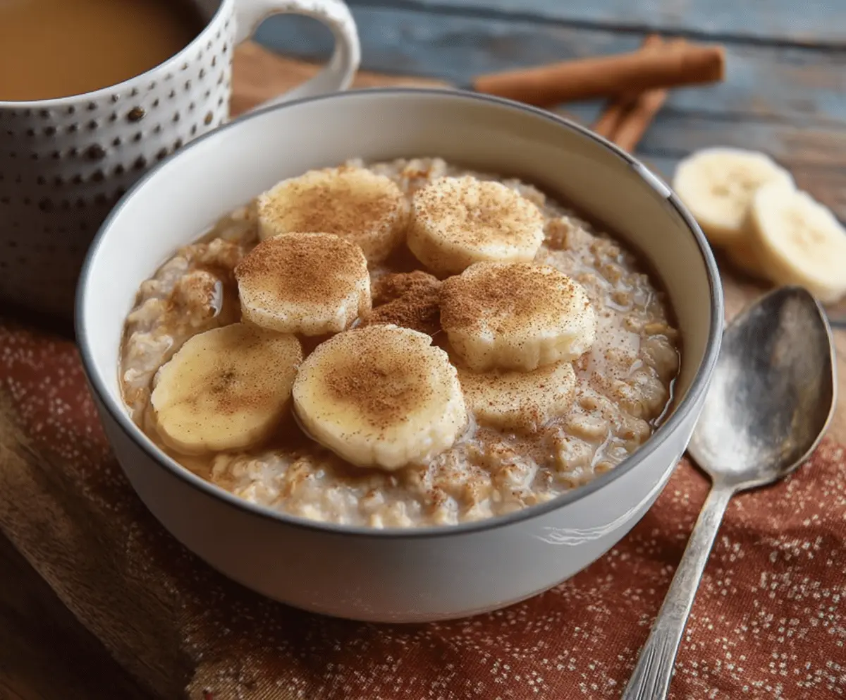 Healthy banana cinnamon oatmeal in a bowl, topped with sliced bananas and a sprinkle of cinnamon