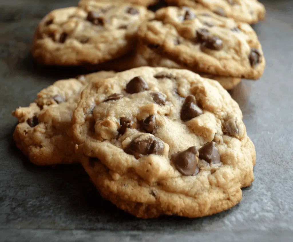 Homemade Bills chocolate chip cookies fresh out of the oven, golden and gooey.