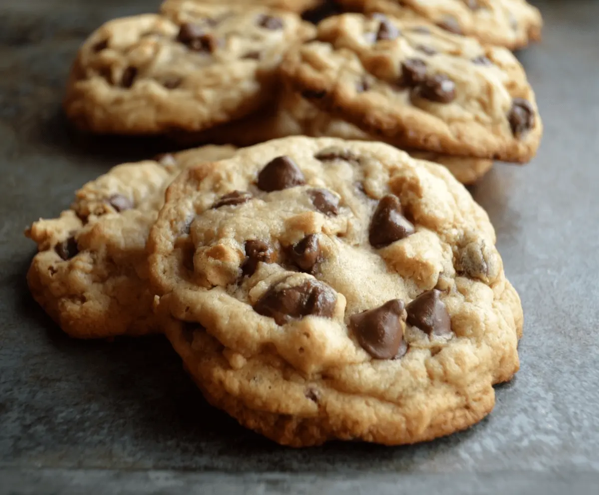 Homemade Bills chocolate chip cookies fresh out of the oven, golden and gooey.