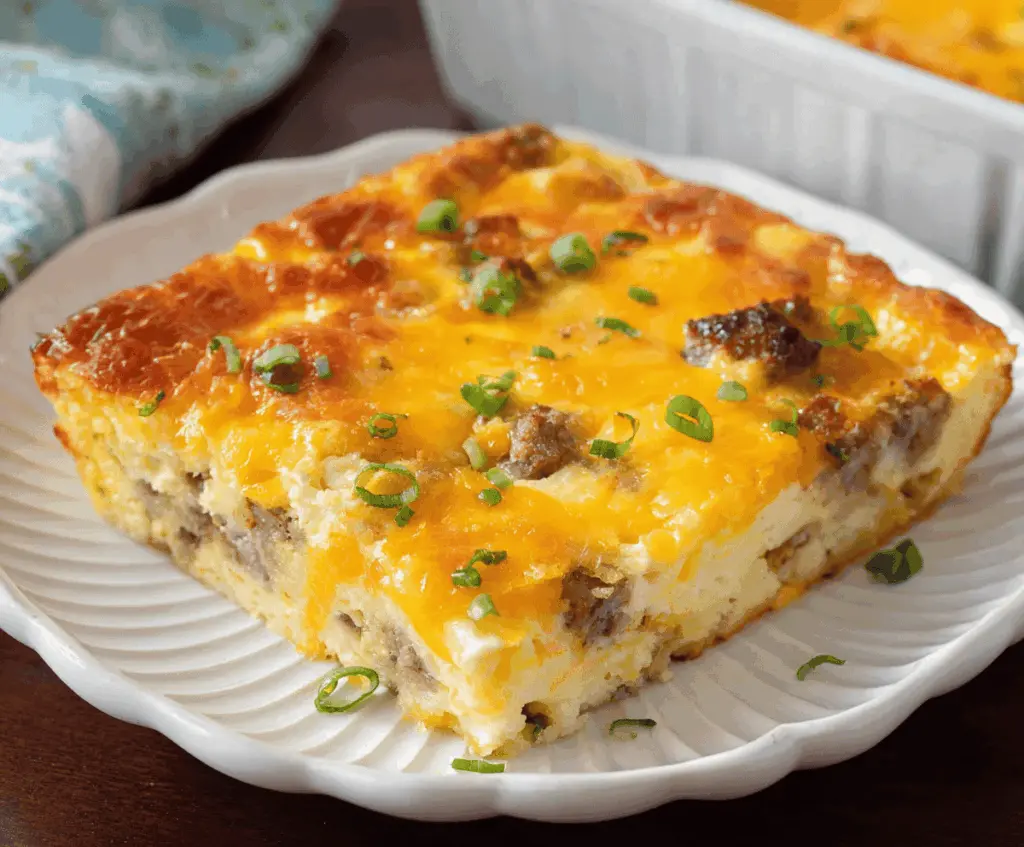 Delicious Bisquick Breakfast Casserole with eggs, cheese, and breakfast sausage in a baking dish.