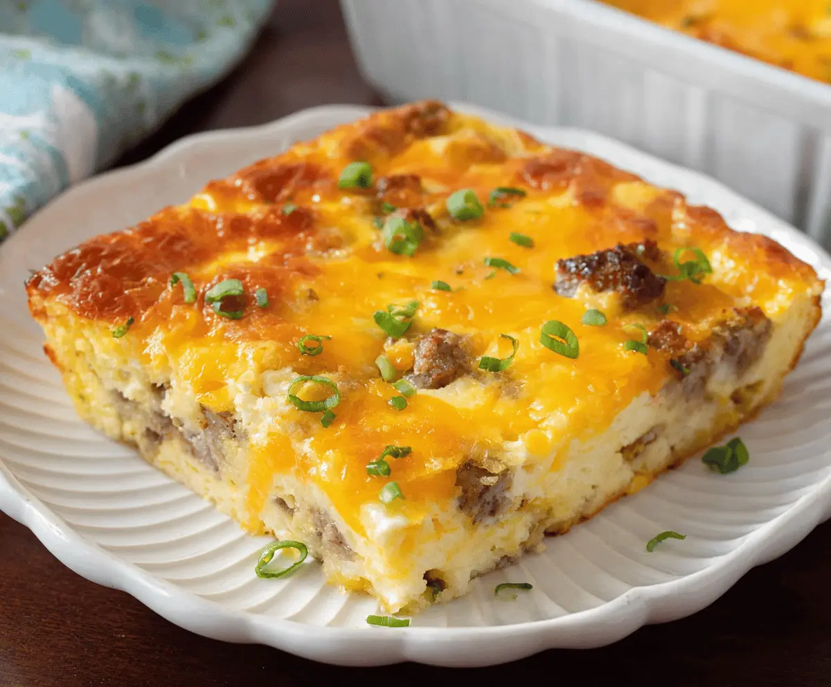 Delicious Bisquick Breakfast Casserole with eggs, cheese, and breakfast sausage in a baking dish.