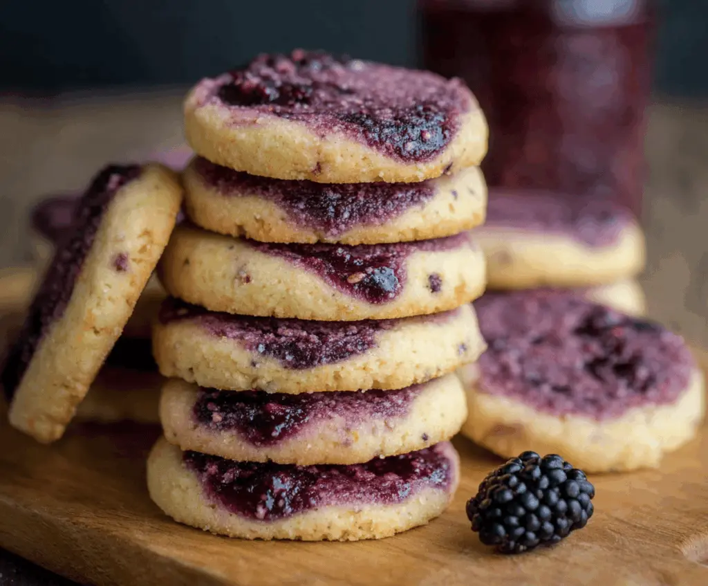 Delicious black raspberry and lemon shortbread cookies on a white plate, showcasing their golden crust and vibrant fruit filling.