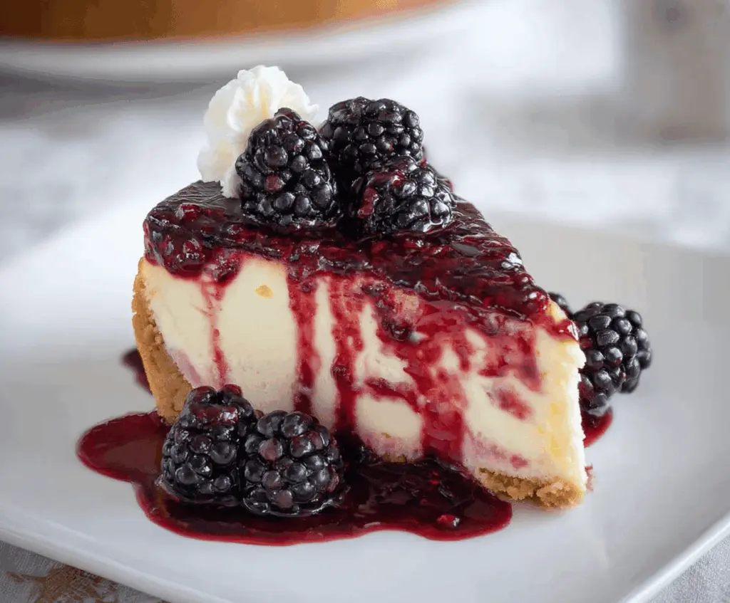 Delicious Blackberry Raspberry Cheesecake with a creamy texture and fresh berry topping.