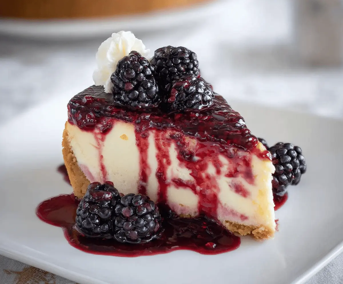 Delicious Blackberry Raspberry Cheesecake with a creamy texture and fresh berry topping.