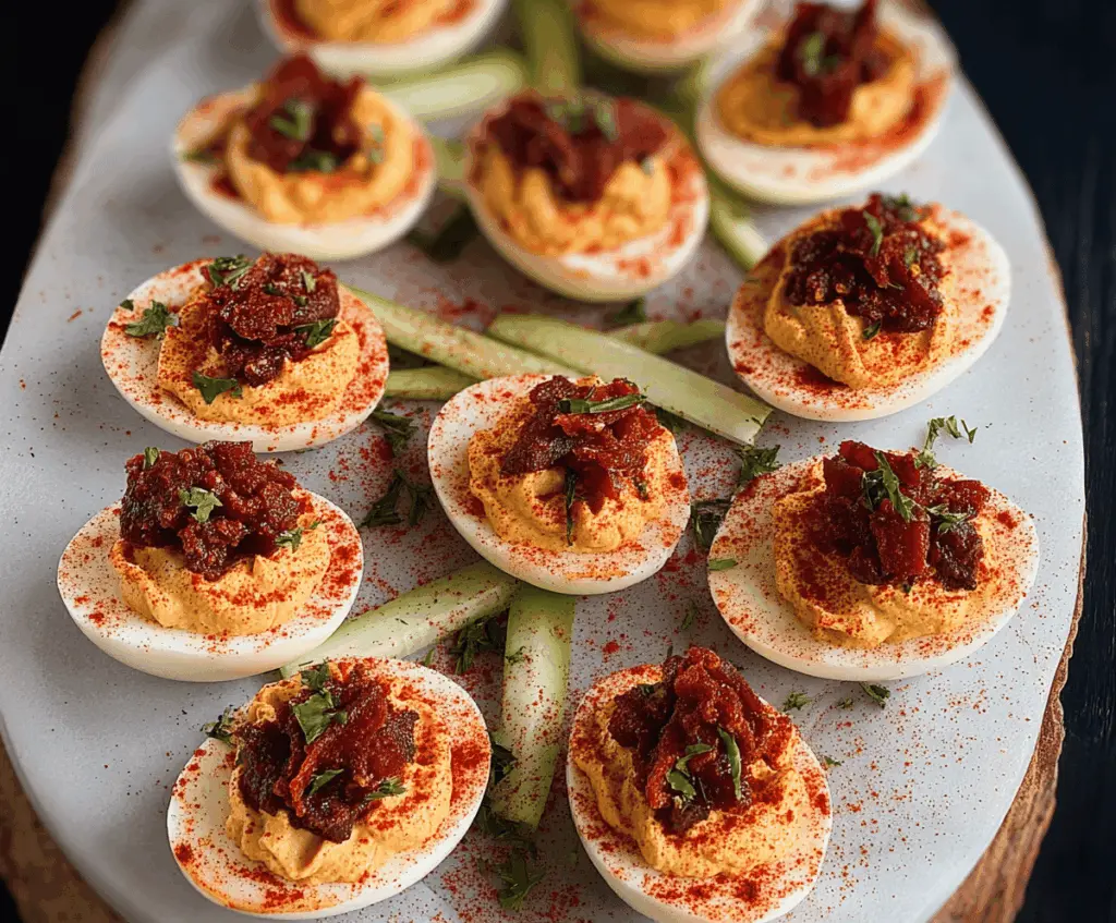 Bloody Mary Deviled Eggs garnished with celery and paprika on a white plate.