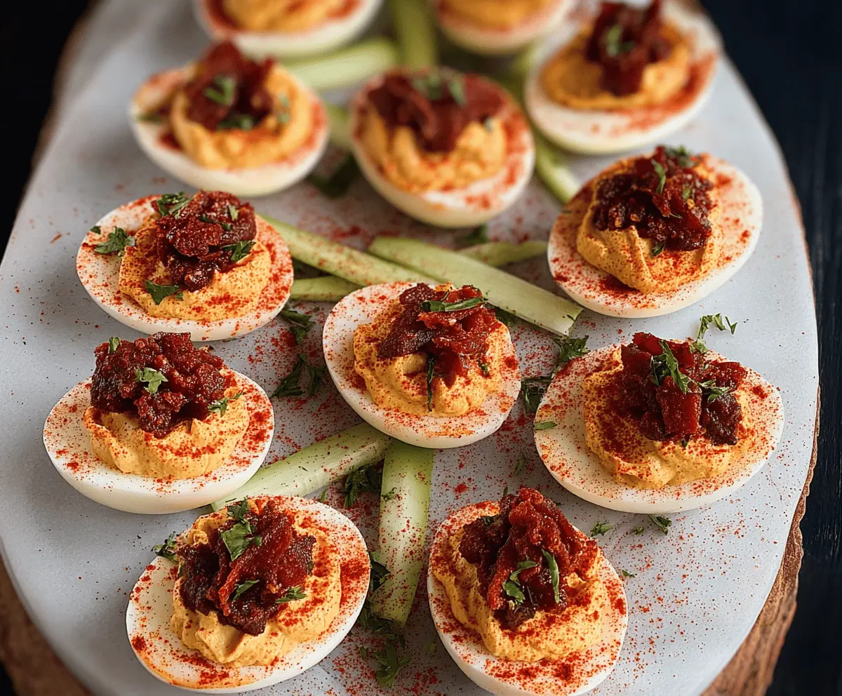 Bloody Mary Deviled Eggs garnished with celery and paprika on a white plate.