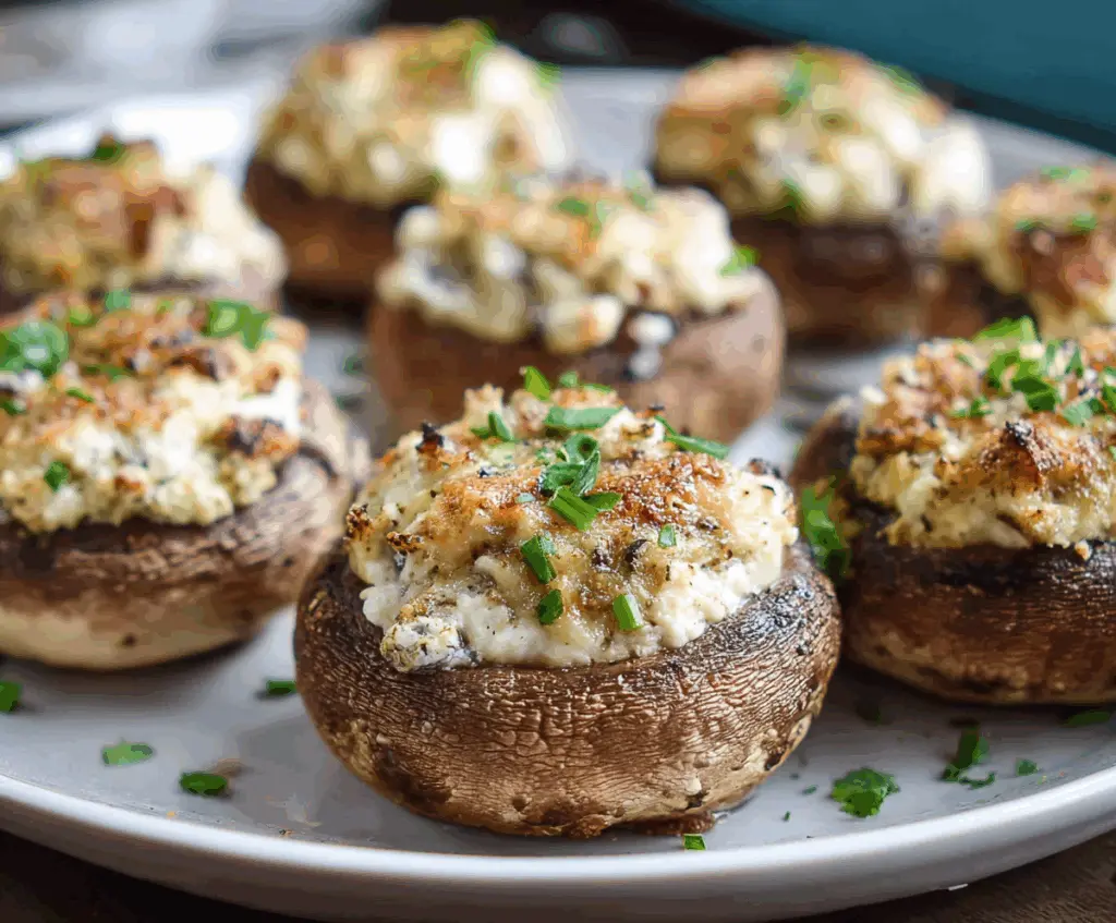 Delicious Boursin stuffed mushrooms garnished with herbs, perfect for appetizers.