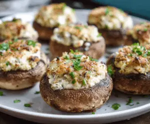 Delicious Boursin stuffed mushrooms garnished with herbs, perfect for appetizers.