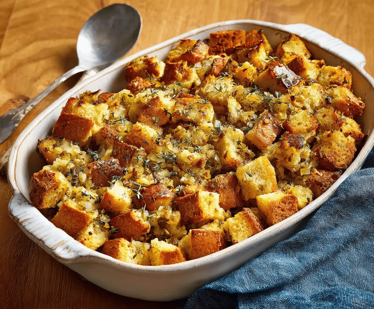 Delicious homemade bread stuffing with herbs and spices, perfect for holiday dinners.