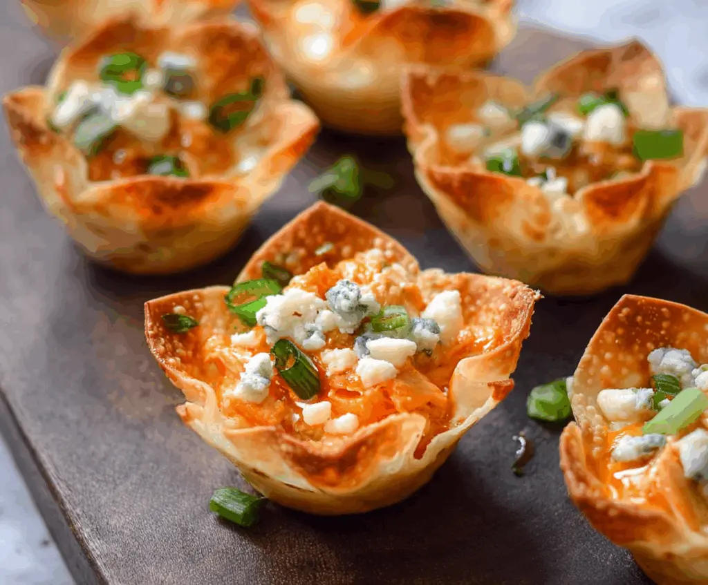 Delicious Buffalo Chicken Wonton Cups served as a spicy appetizer with creamy dip