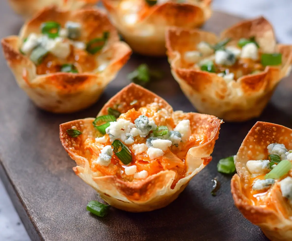 Delicious Buffalo Chicken Wonton Cups served as a spicy appetizer with creamy dip