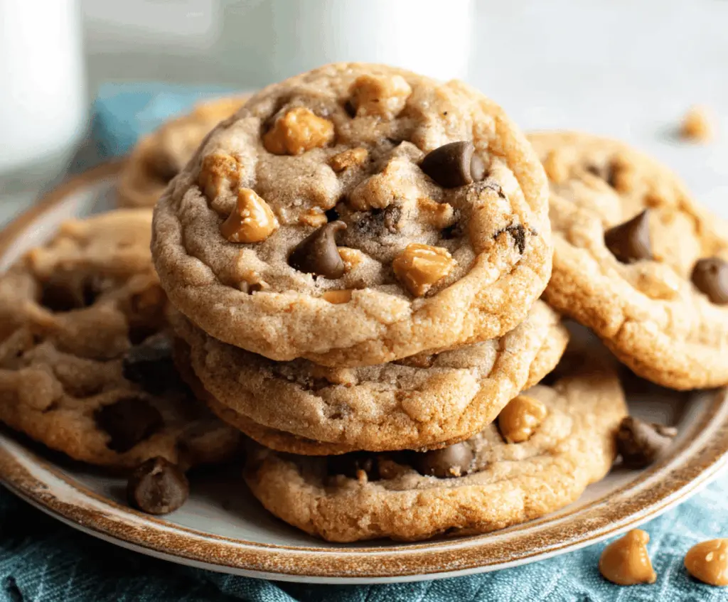 Delicious homemade butterscotch chocolate chip cookies with gooey interior and golden edges