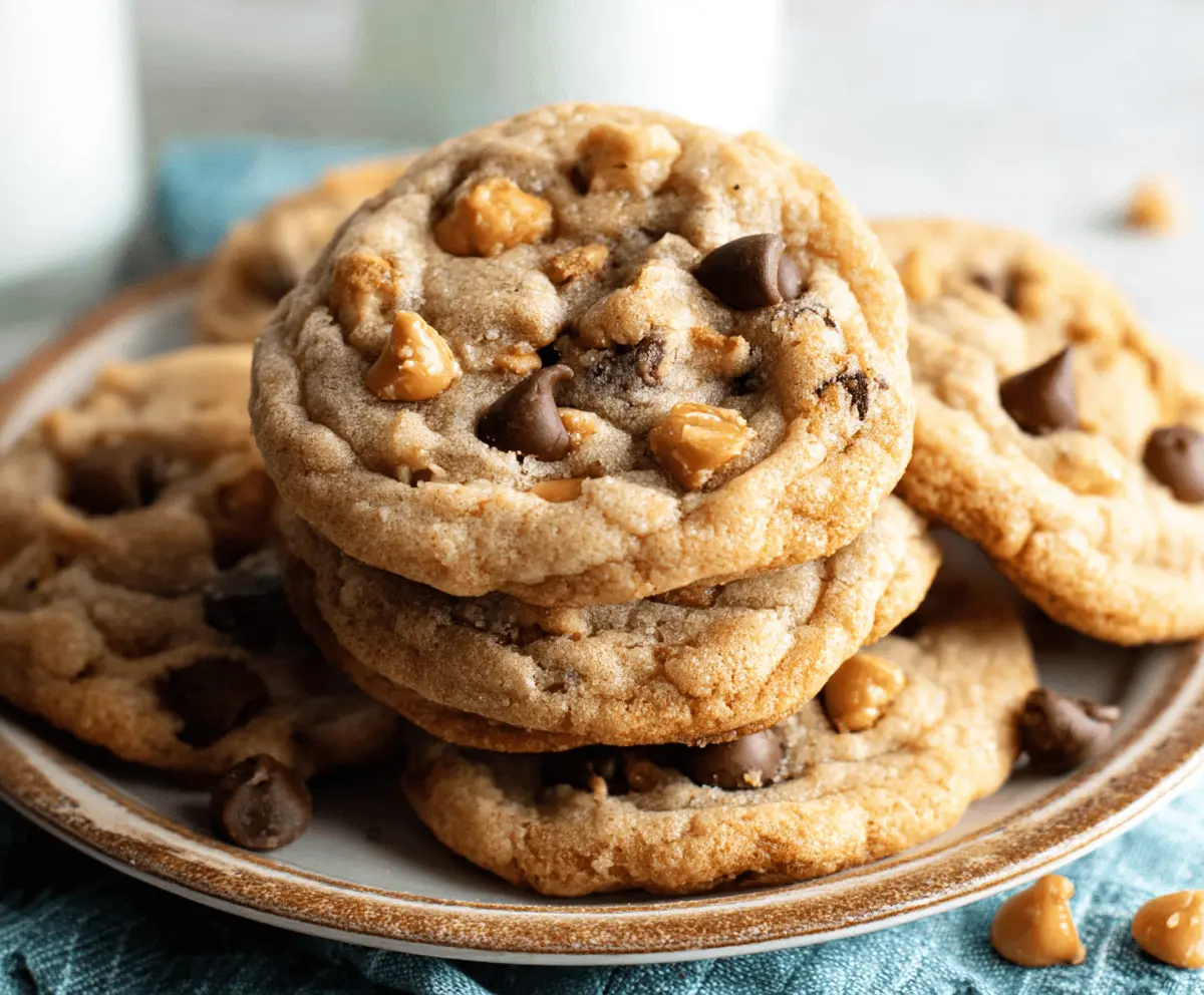 Delicious homemade butterscotch chocolate chip cookies with gooey interior and golden edges