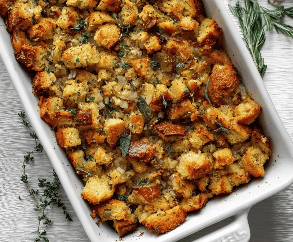 Delicious buttery Thanksgiving stuffing in a serving bowl, perfect for holiday dinner.
