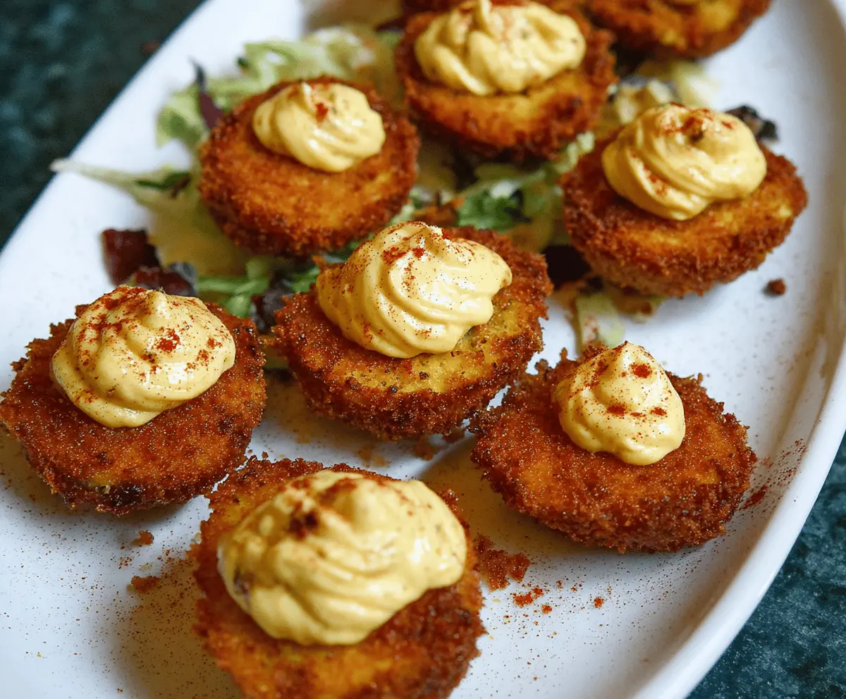 Delicious Cajun style fried deviled eggs garnished with spices on a plate