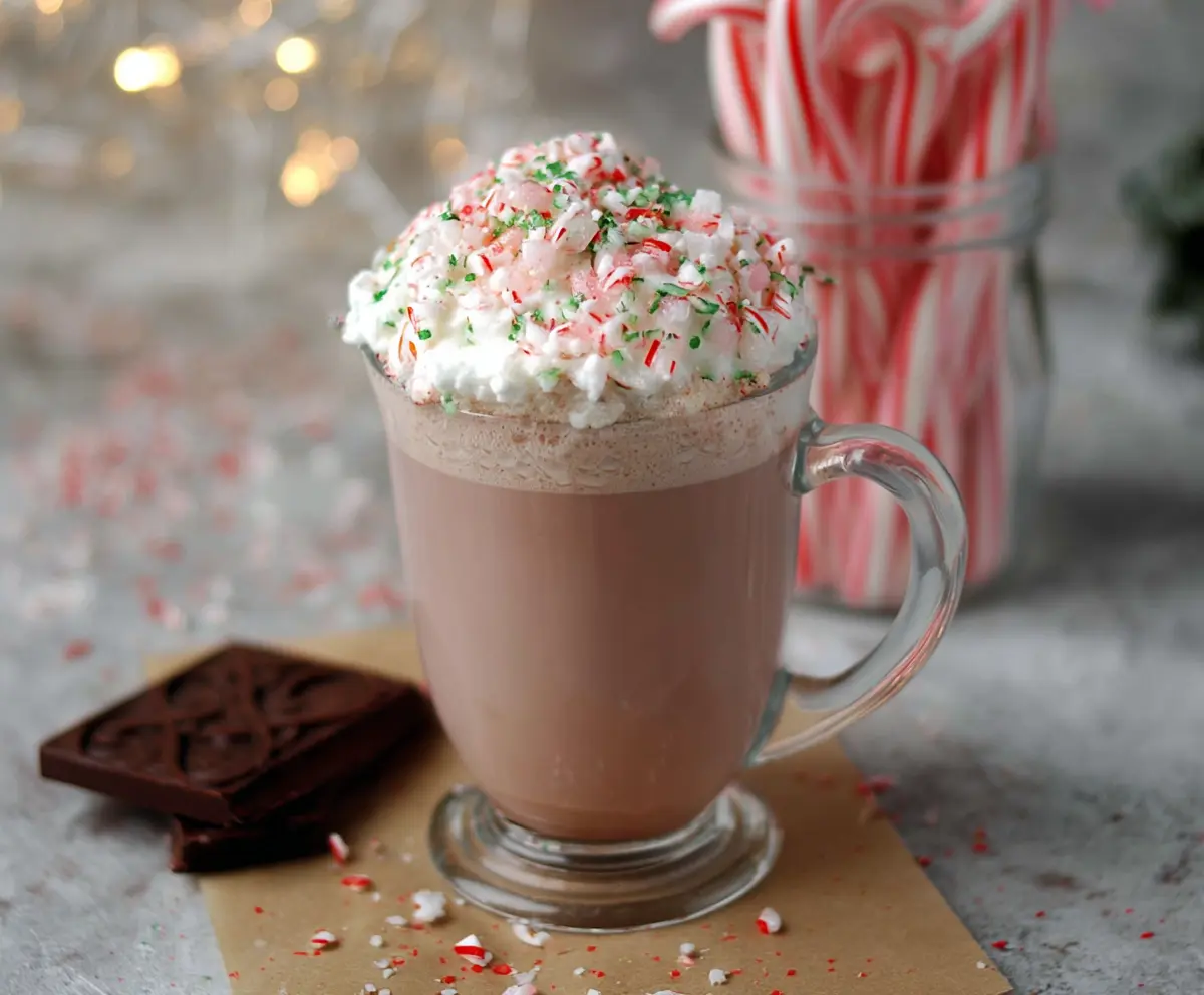 Warm Candy Cane Hot Chocolate in a mug topped with whipped cream and crushed candy canes.