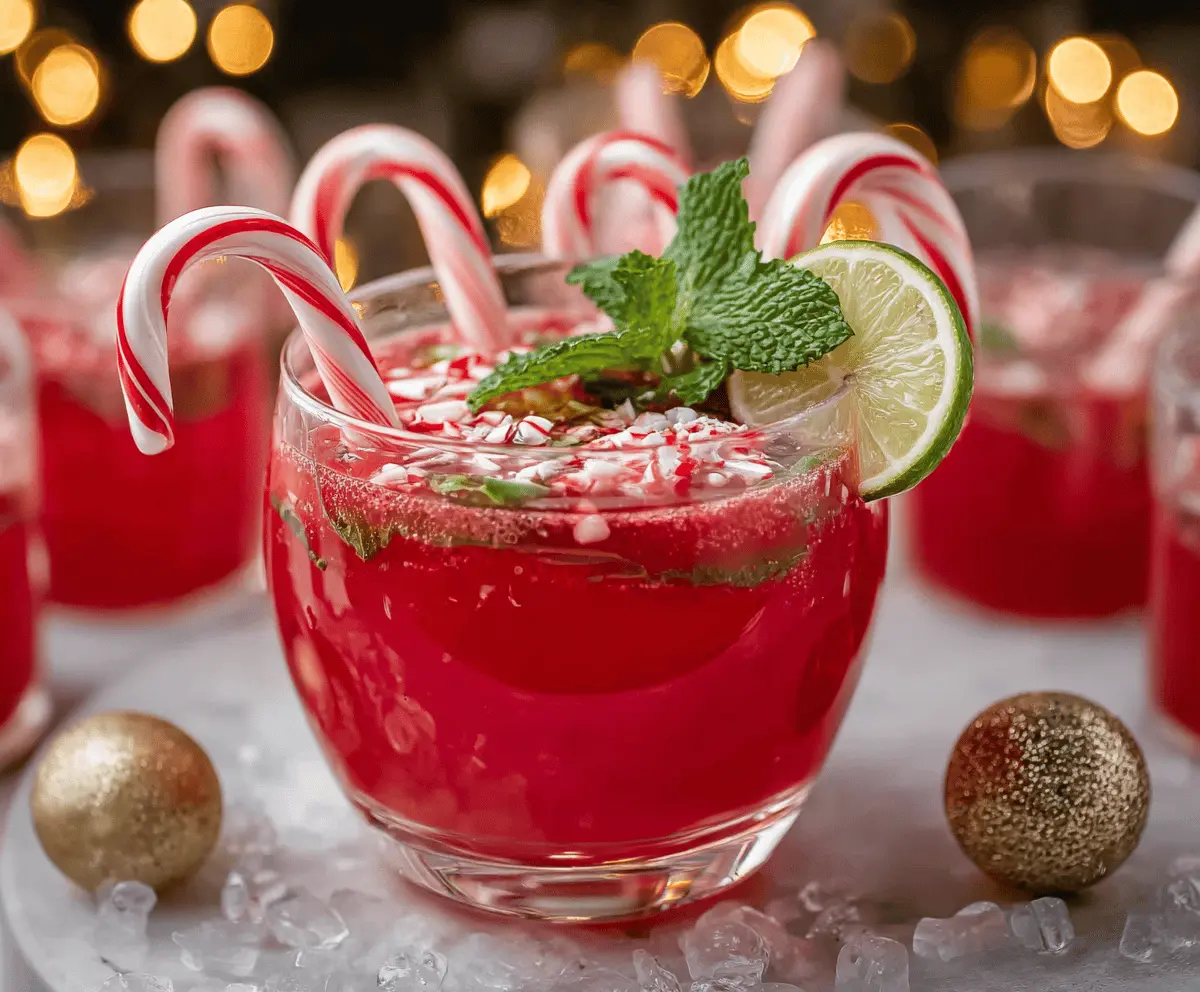 Festive Candy Cane Punch Mocktail with red and green drinks garnished with candy canes and mint leaves