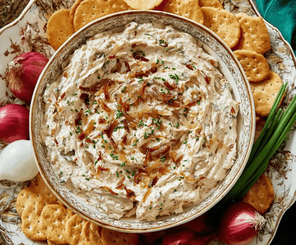 Delicious caramelized onion dip served in a bowl, perfect for snacks.