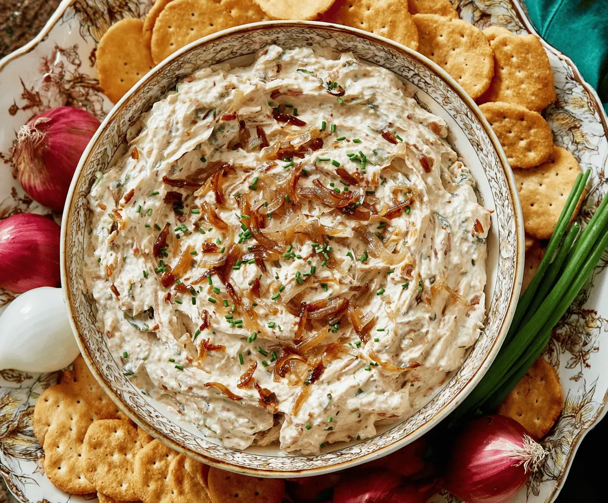 Delicious caramelized onion dip served in a bowl, perfect for snacks.