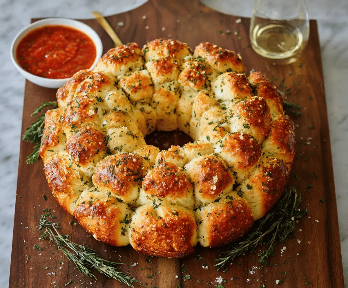 Delicious cheesy garlic pull-apart wreath fresh out of the oven, perfect for sharing at gatherings.