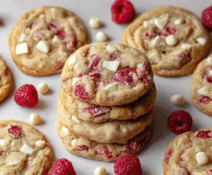 Delicious chewy raspberry white chocolate cookies on a plate with fresh raspberries and white chocolate chunks.