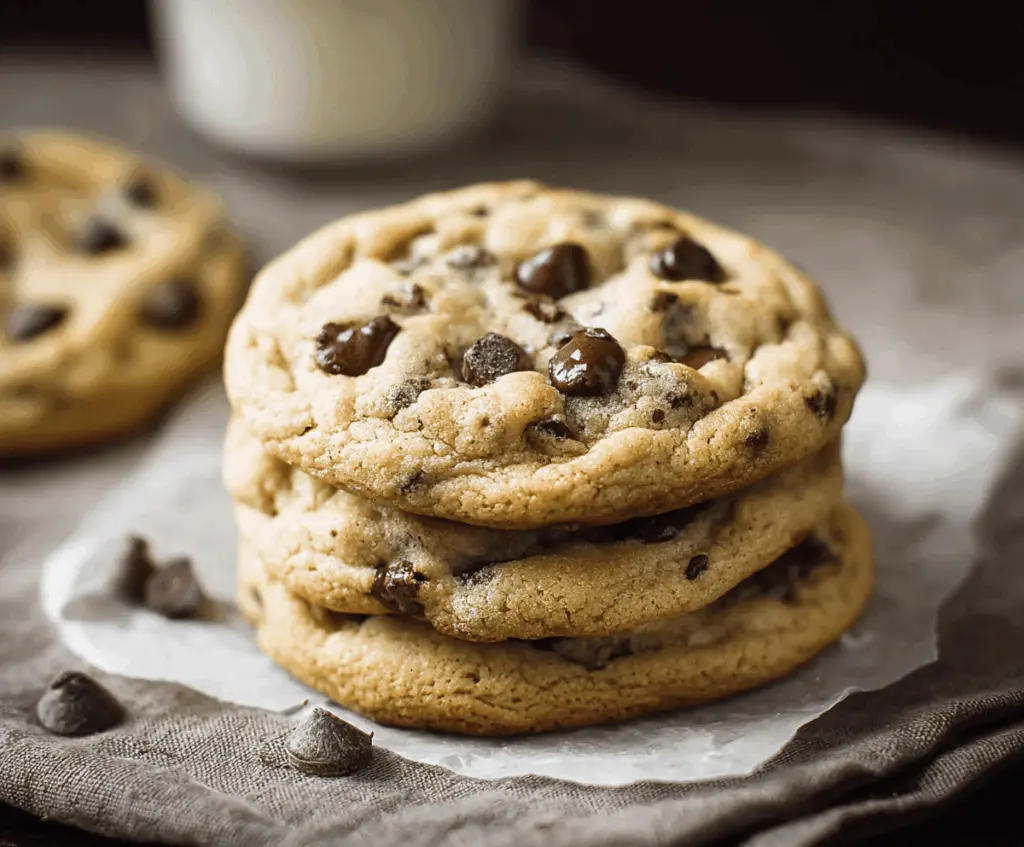 Delicious homemade chocolate chip cookies fresh out of the oven with gooey chocolate chips.