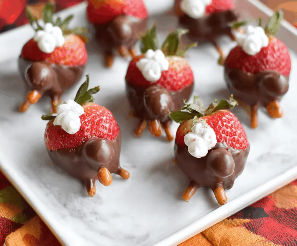 Delicious chocolate covered strawberries shaped like turkeys for festive desserts