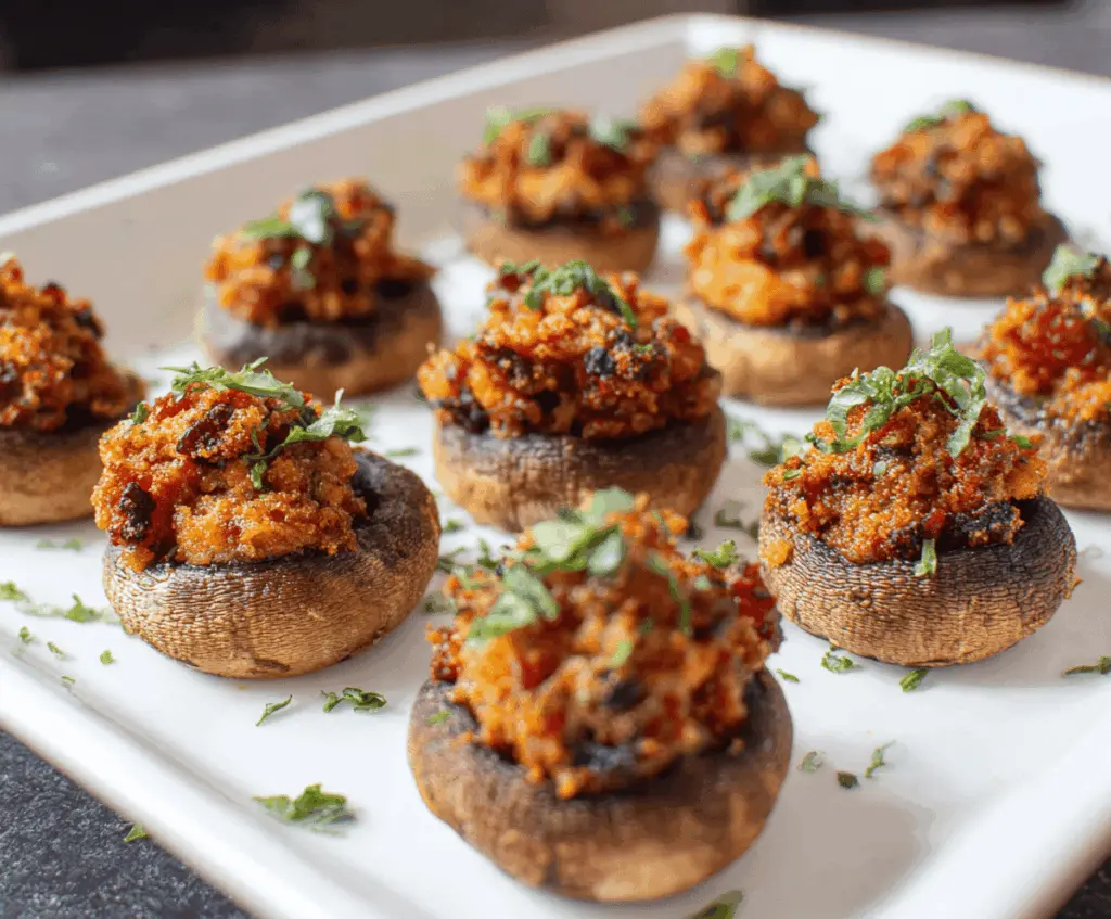 Delicious Chorizo Stuffed Mushrooms with melted cheese and savory herbs.